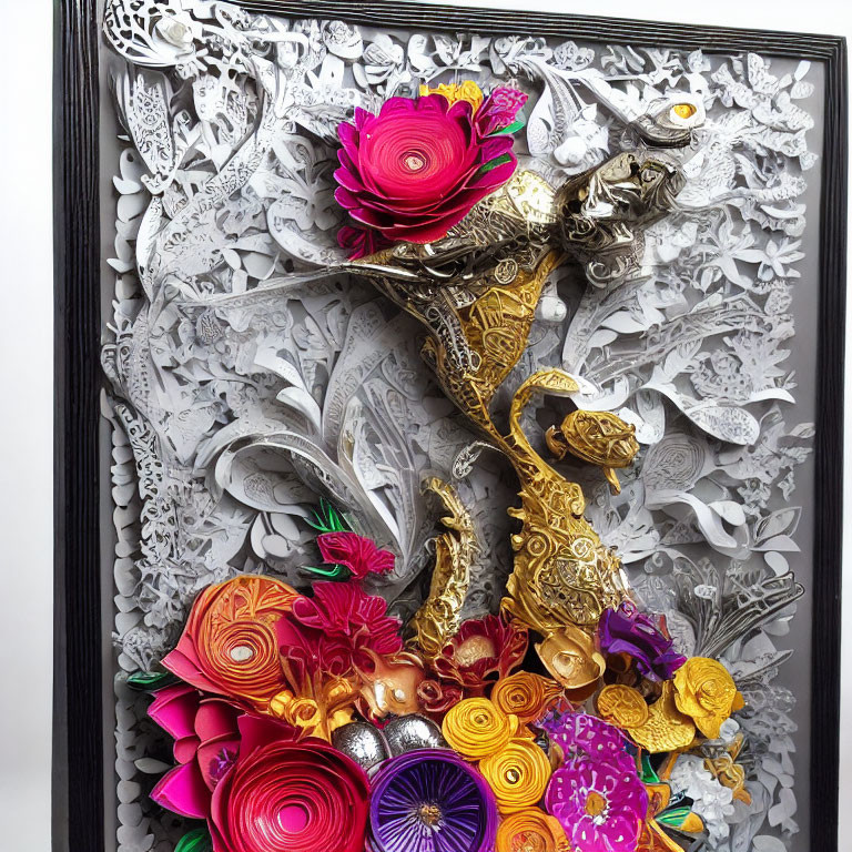 Golden figurine in vibrant floral 3D paper art