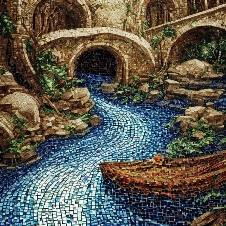 Ancient stone bridge mosaic with blue stream, boat, and lush greenery