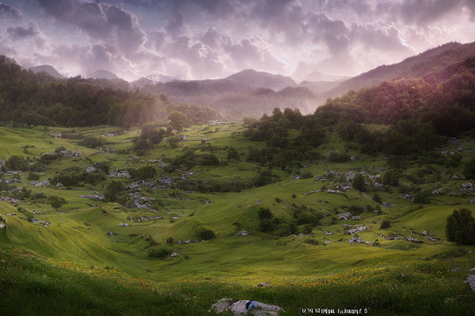 Lush Green Rolling Hills Under Dramatic Sky