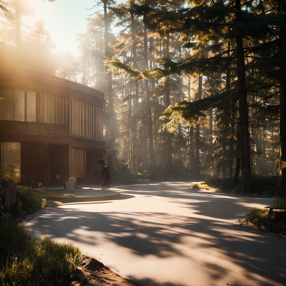 Person near modern wood cabin in forest at sunrise or sunset.