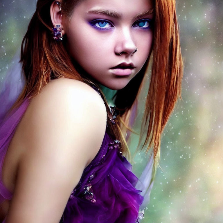 Portrait of a person with blue eyes, red hair, and purple attire in a fantasy setting