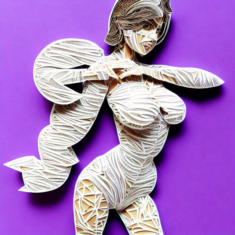 Intricate paper art of person in dynamic pose on purple background