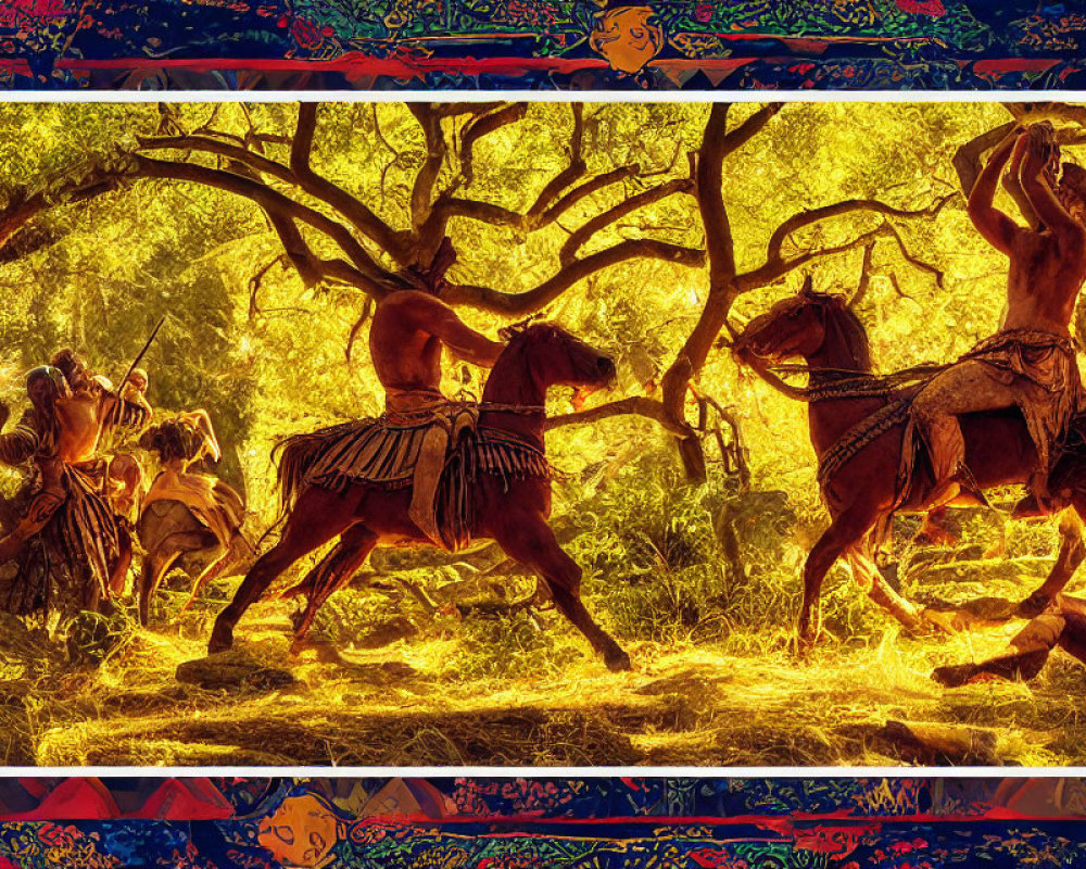 Vibrant artwork of ancient warriors on horseback in combat