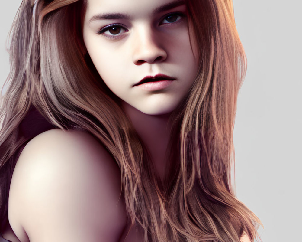 Young woman with long brown hair and intense gaze on light background