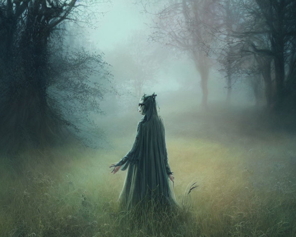 Mystical figure in green cloak in eerie forest with outstretched arms