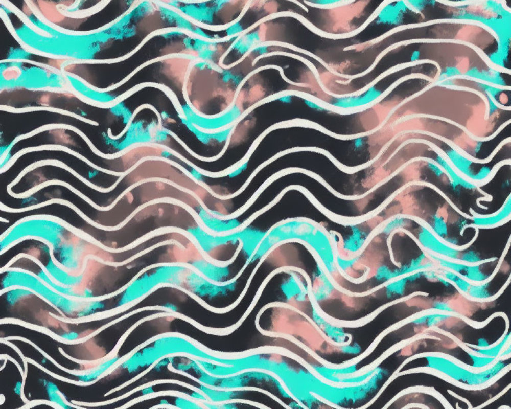 Abstract wavy pattern with black lines and teal & pink brush strokes