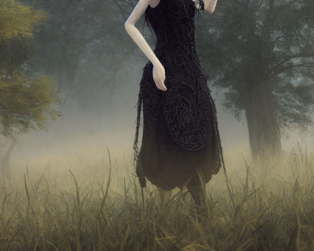 Mysterious headless figure in black lace dress disappears at waist in foggy field