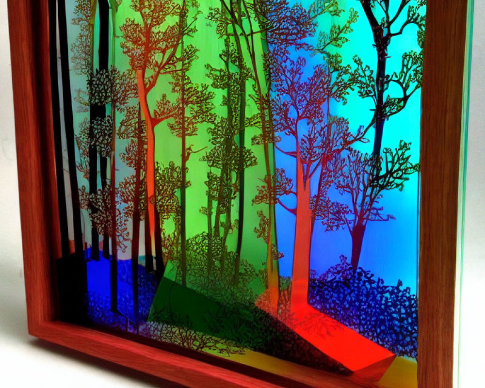 Colorful Rainbow Gradient Tree Silhouette Paper Art in Wooden Frame