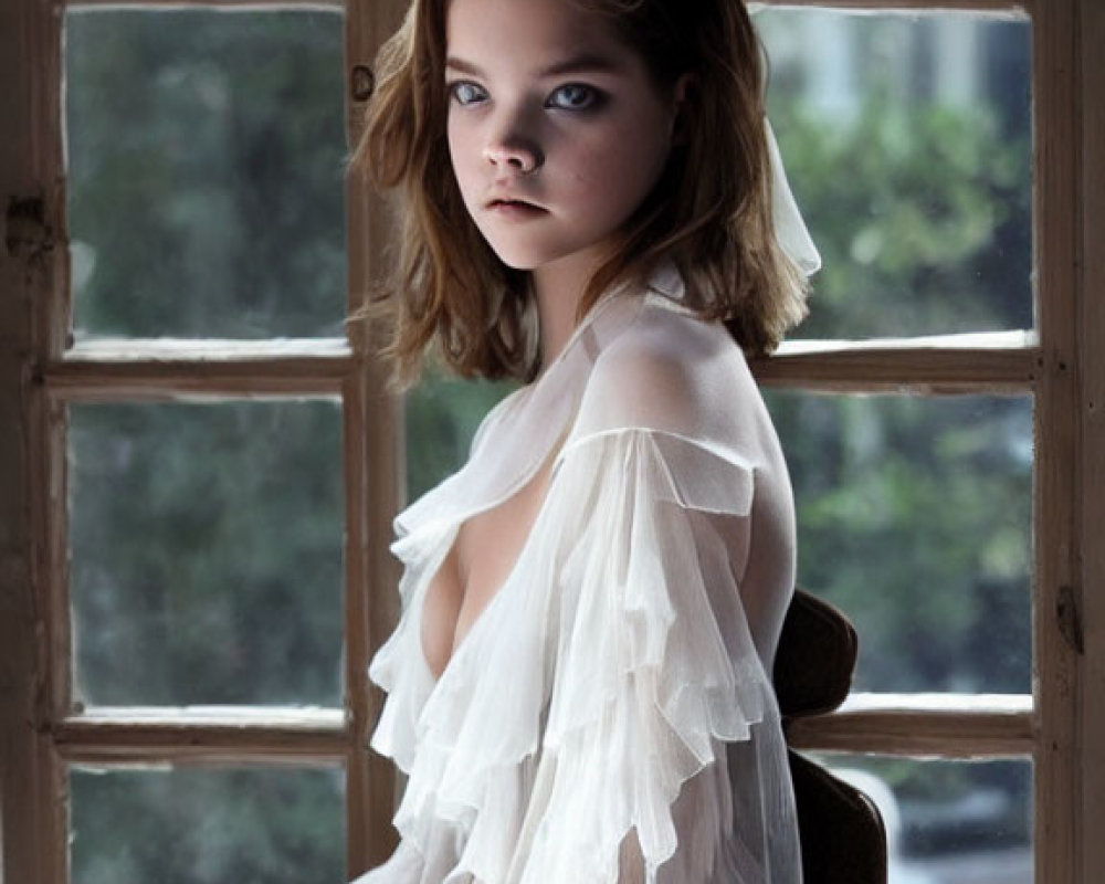 Pensive person in white ruffled dress by window