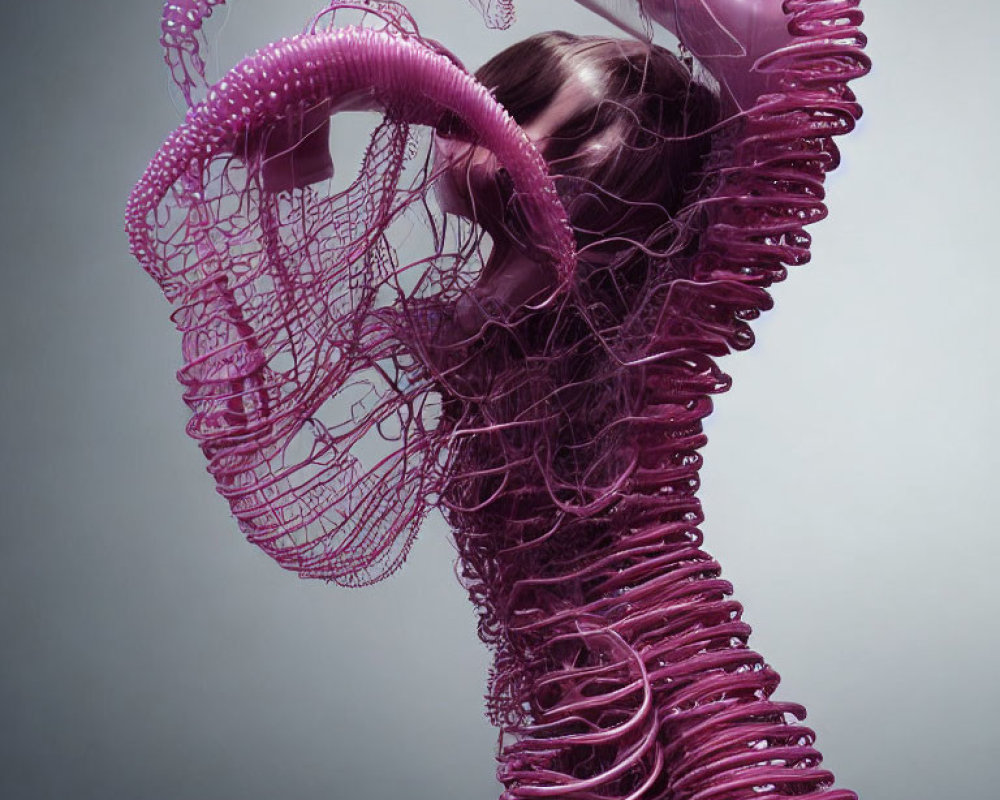 Avant-garde purple costume with sculptural head form.