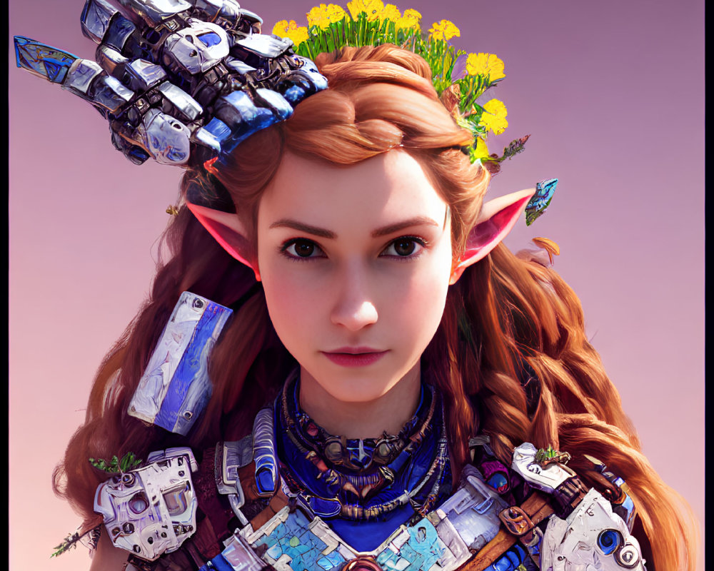 Female elf in futuristic armor with yellow flower wreath on pink background