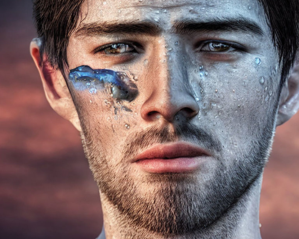 Detailed Close-Up of Man with Water Streaming Down Face