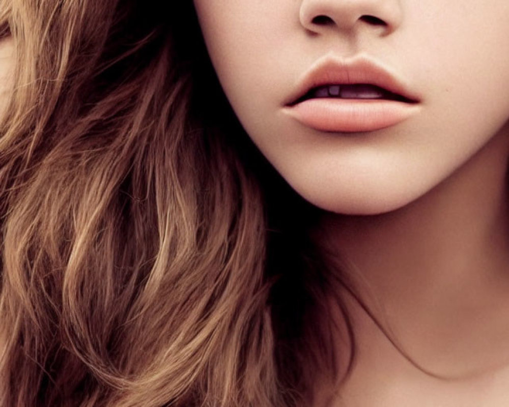 Detailed Close-Up of Person with Wavy Brown Hair and Blue Eyes in Green Garment