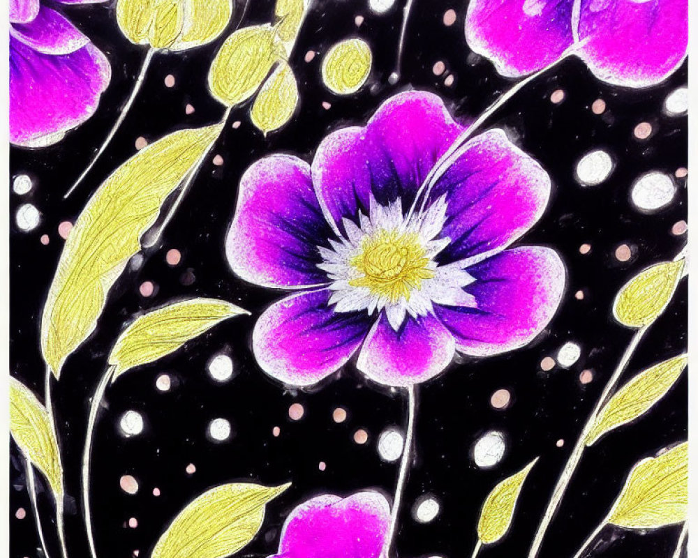 Colorful Purple Flowers with Yellow Centers on Black Background