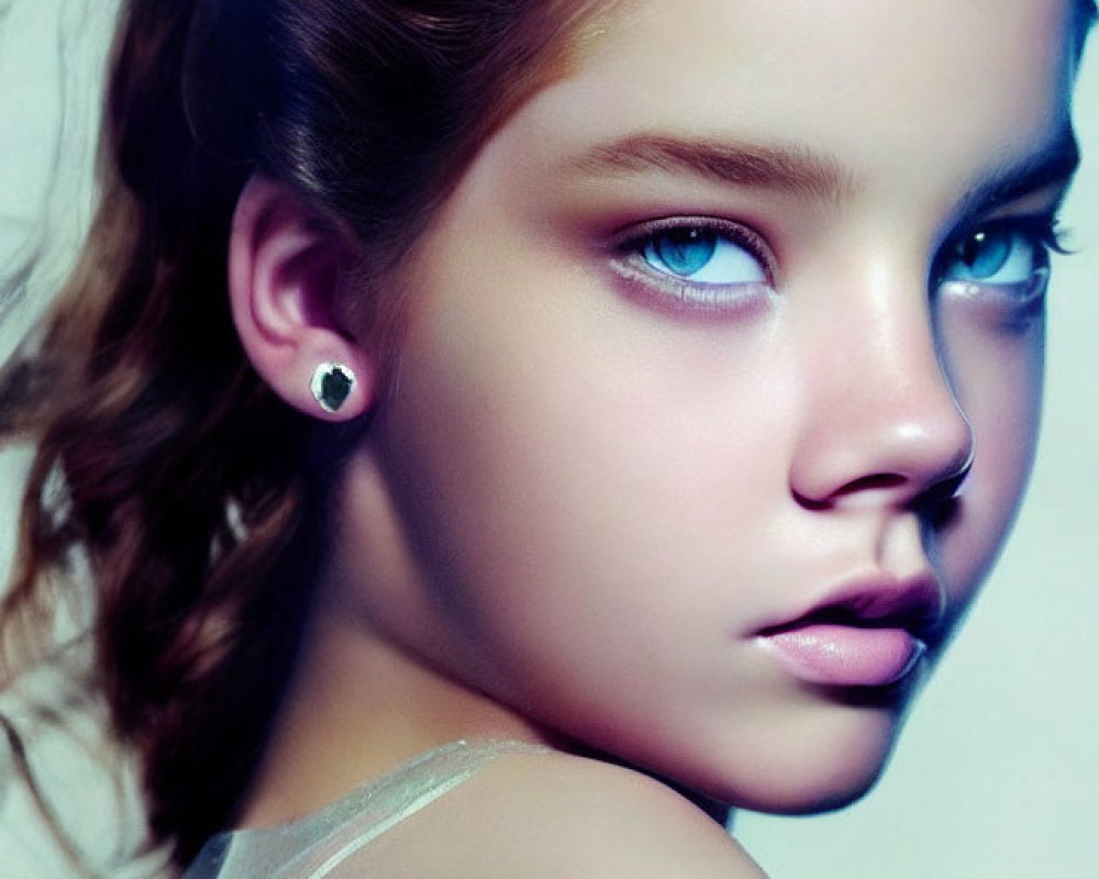 Young girl with blue eyes and braided hair in soft lighting.