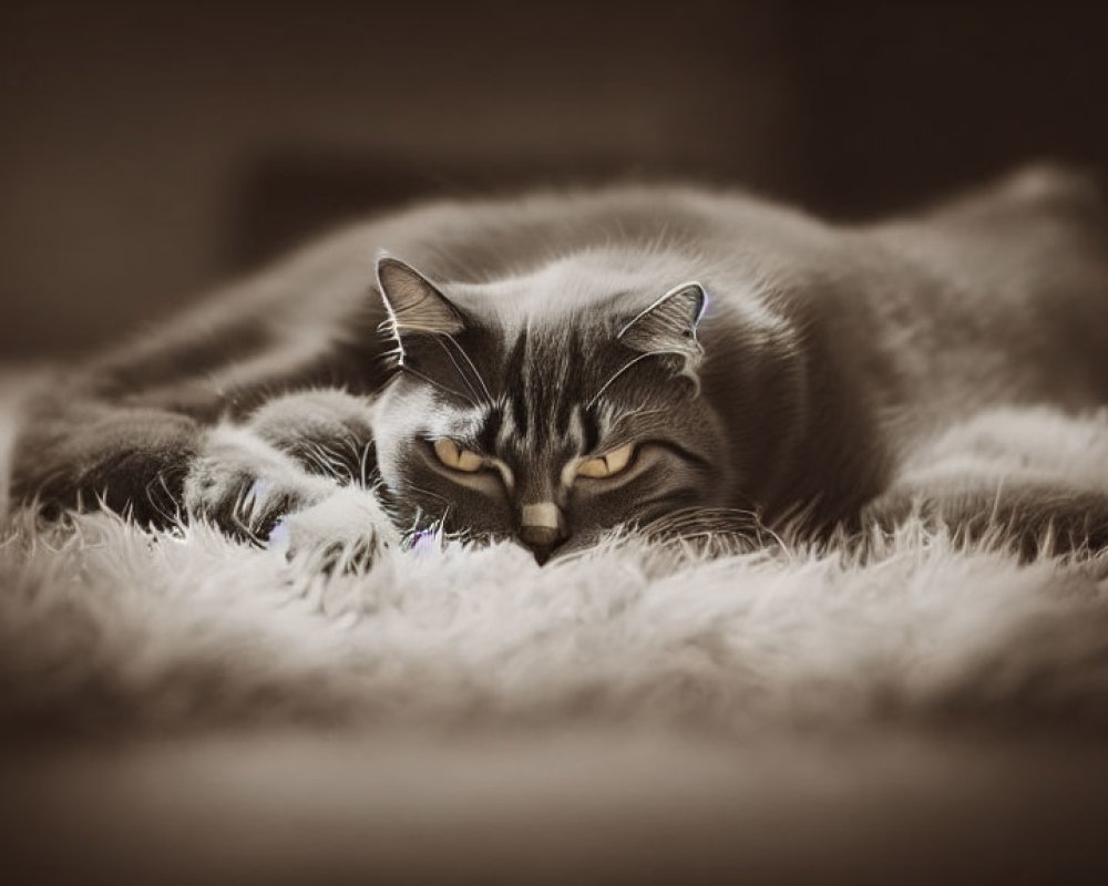 Black and White Photo of Relaxed Cat on Fluffy Surface