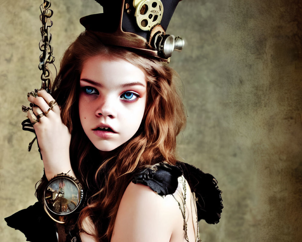 Girl with Striking Blue Eyes in Steampunk Hat with Gears and Goggles