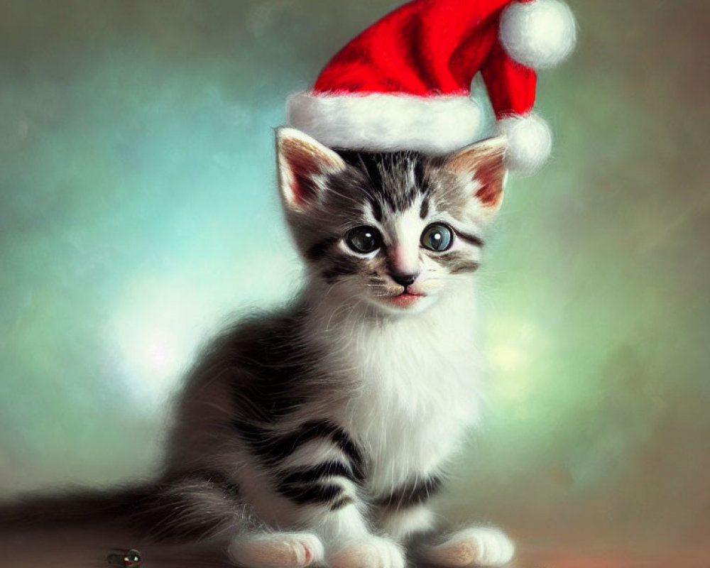 Adorable kitten in Santa hat surrounded by shiny baubles