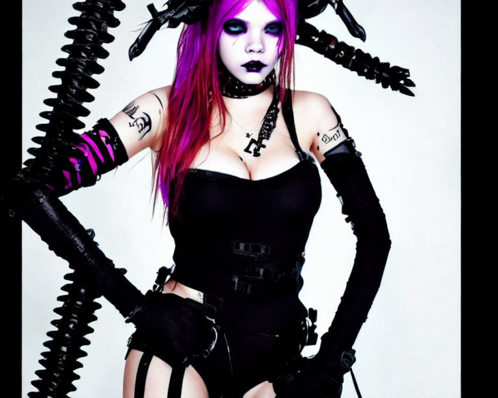 Purple-haired woman in punk goth attire with industrial props on white background