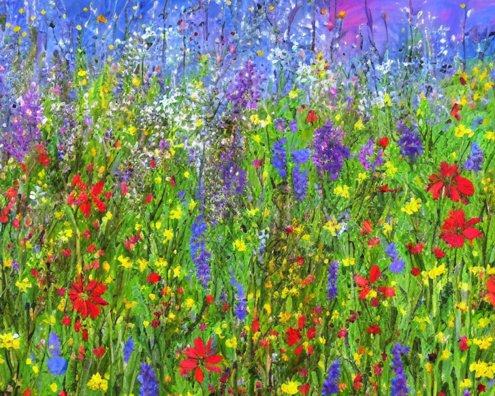 Colorful Wildflower Meadow Painting Under Blue Sky