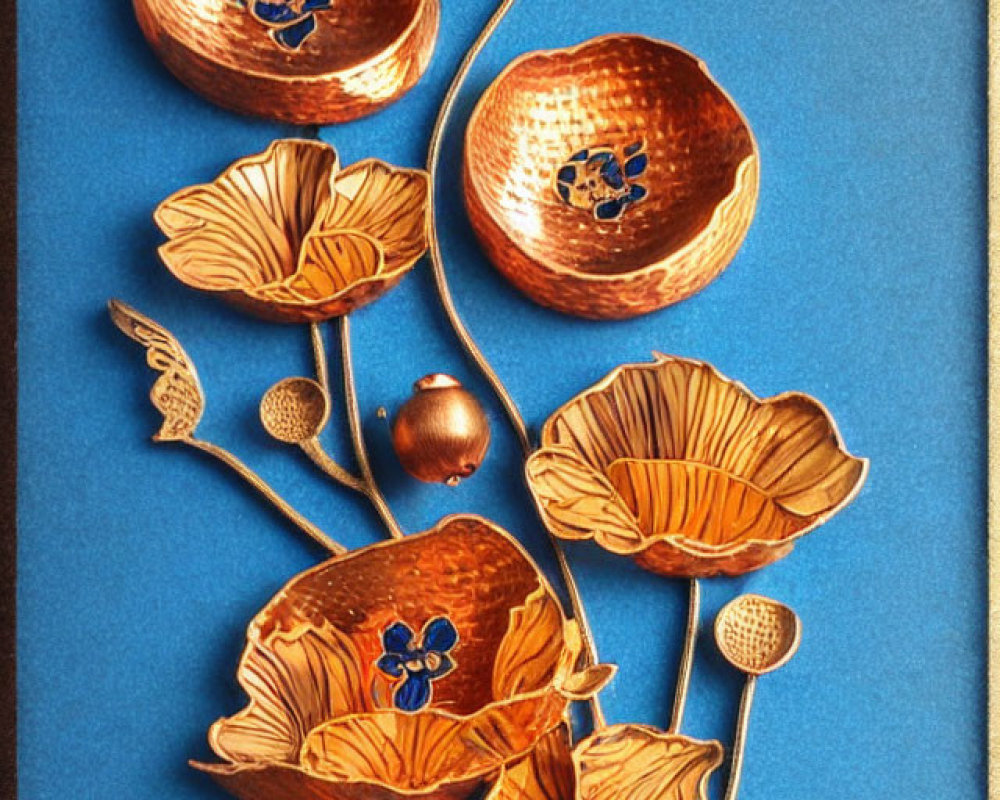 Floral Copper Wall Art with Integrated Bowls on Blue Background