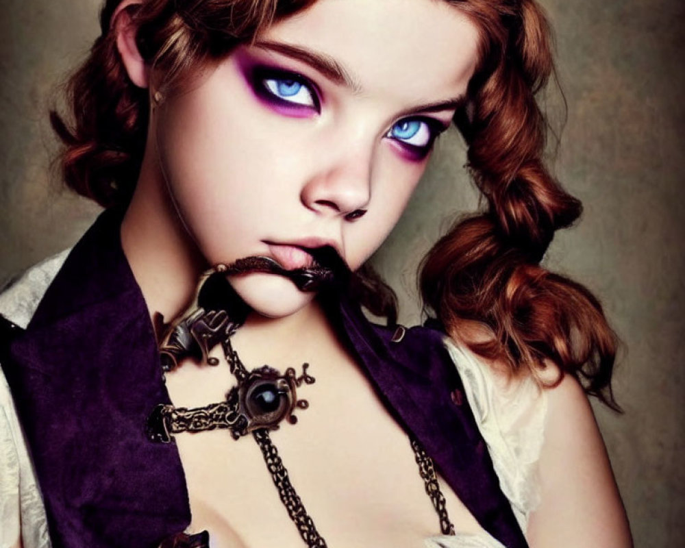 Stylized portrait of a person with purple eye makeup in steampunk outfit