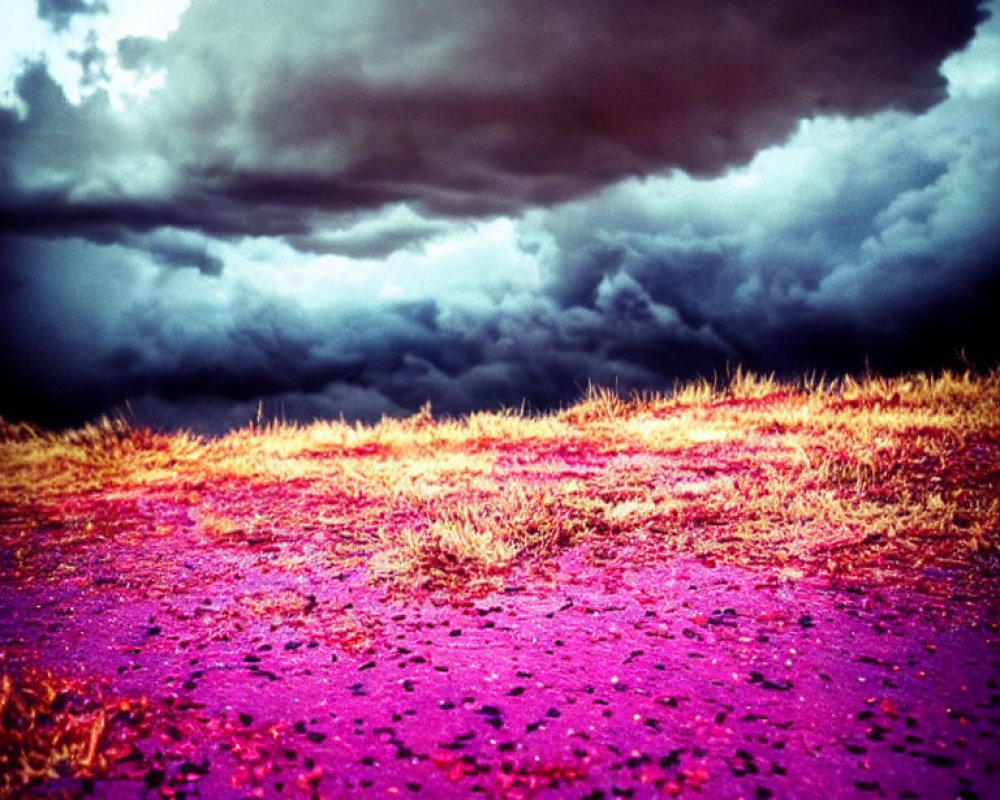 Vibrant purple field under stormy sky with dark clouds - Surreal landscape