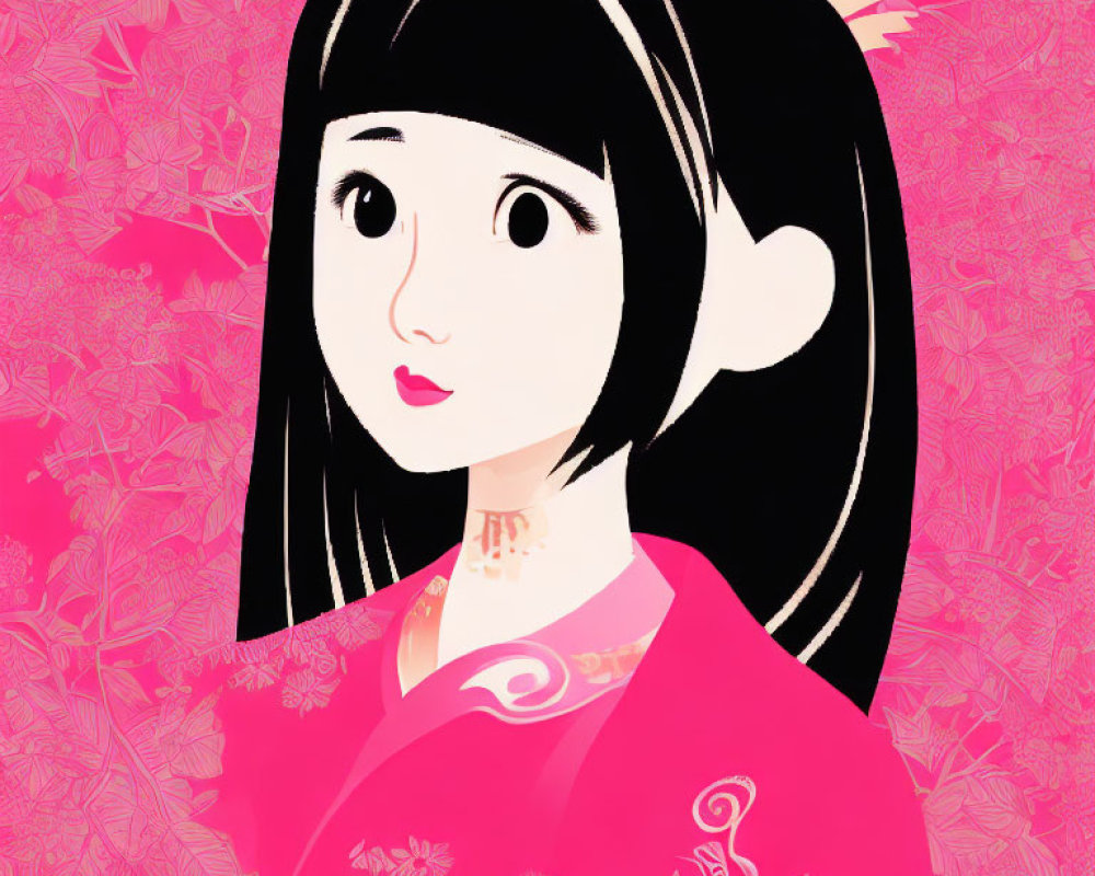 Girl with Black Hair in Pink Kimono on Floral Background