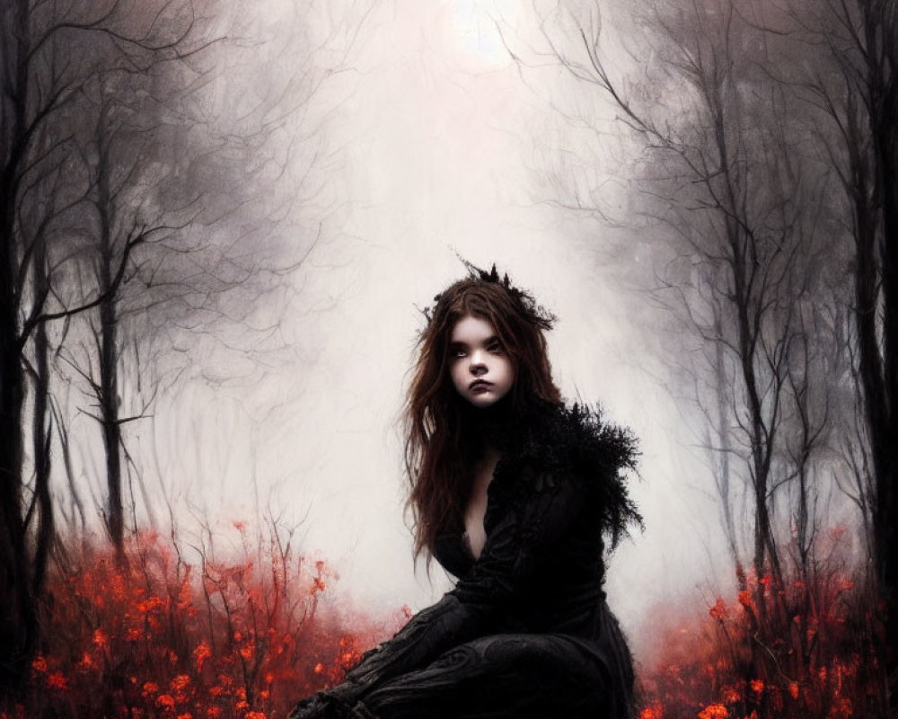 Woman in dark dress surrounded by red flowers in foggy landscape with bare trees and pale sun overhead.