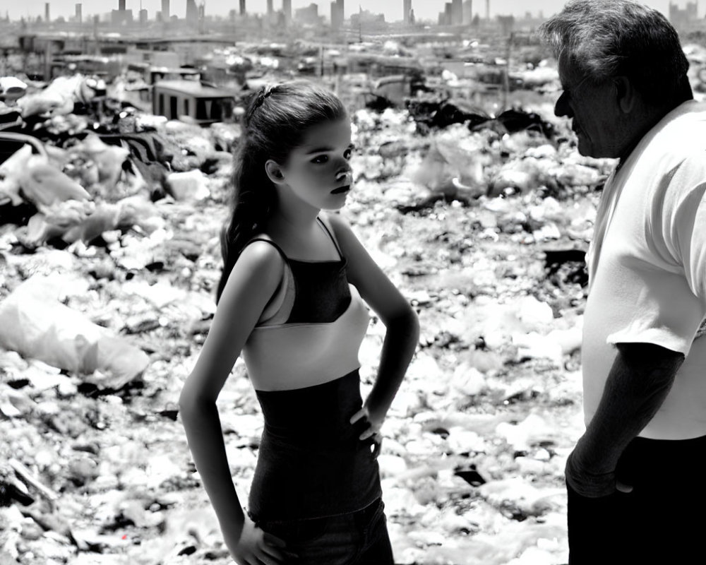 Girl and older man in serious conversation at landfill with city skyline in background