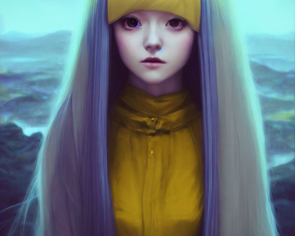 Digital artwork of girl with purple hair and yellow hat against dreamy mountain background