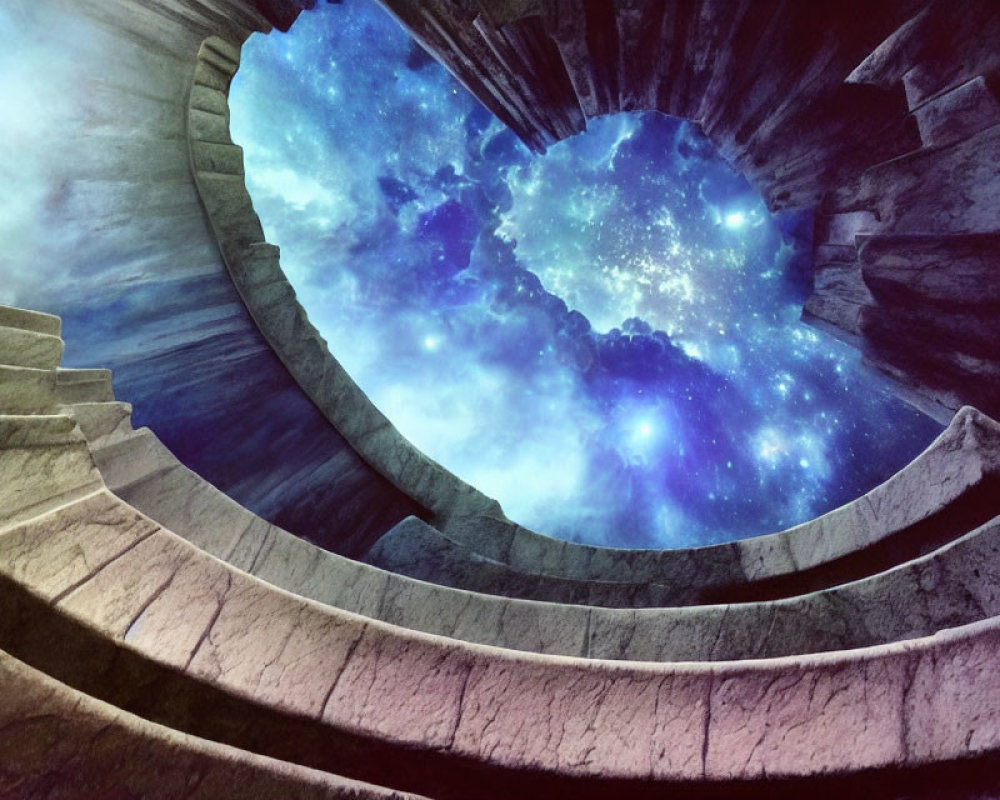 Surreal image: ancient spiral staircase under cosmic sky