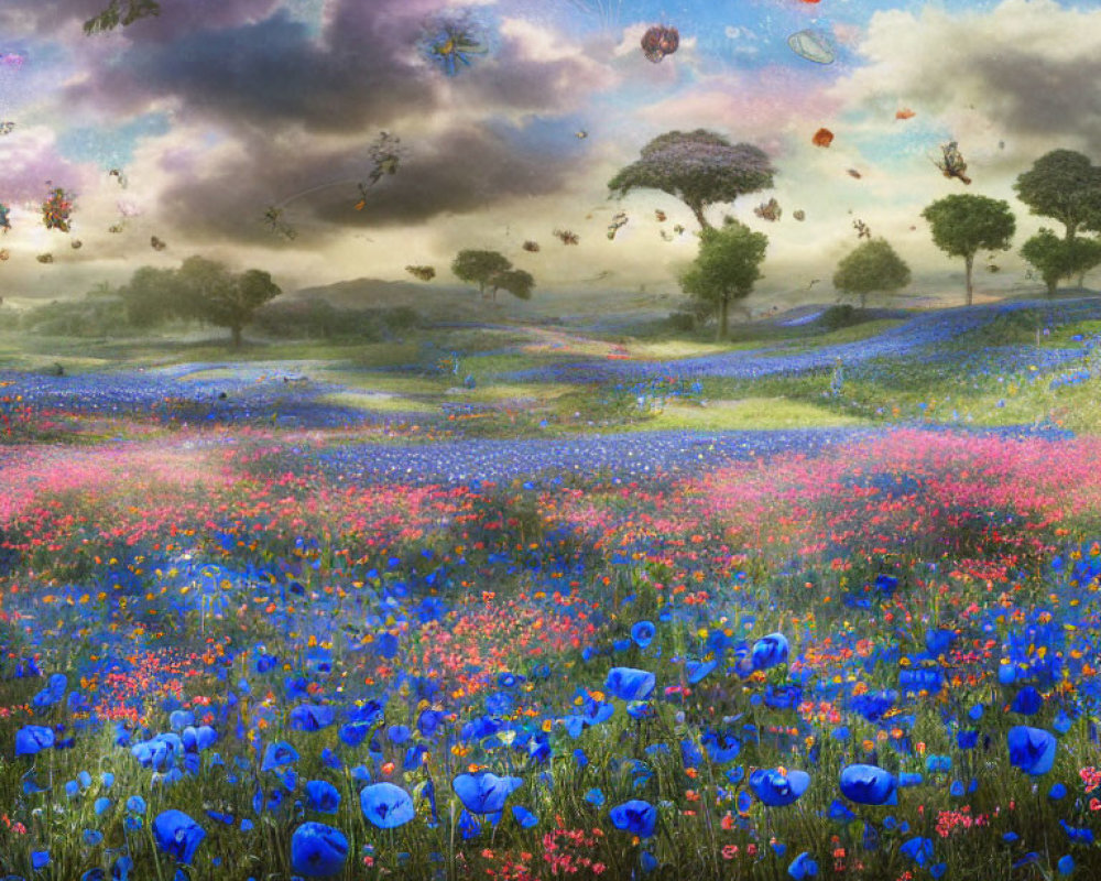 Fantastical landscape with blooming flowers and whimsical creatures