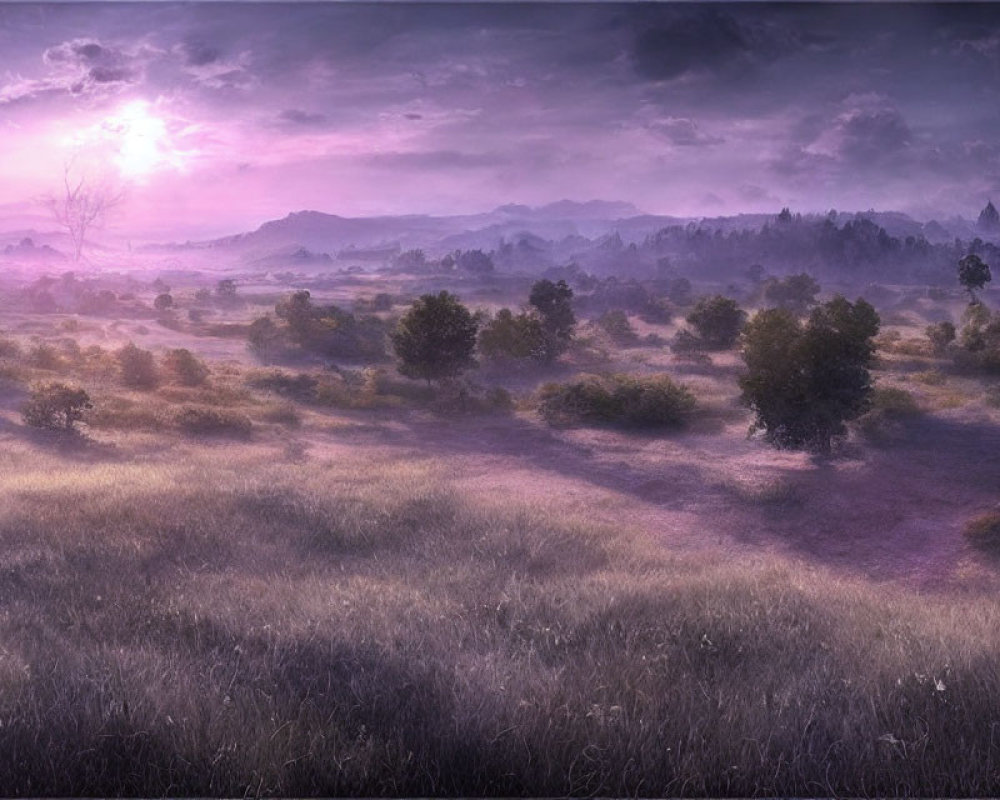 Purple-hued landscape at dawn with sun piercing clouds.