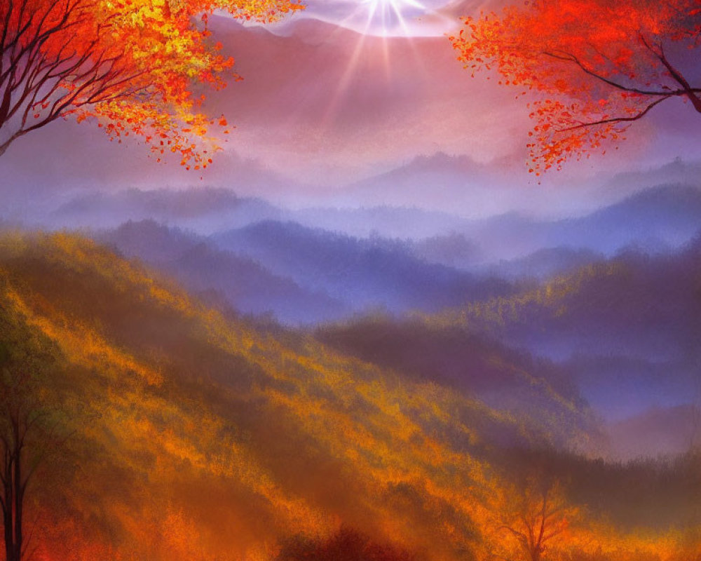 Misty autumn hills with vivid red and orange foliage at sunset