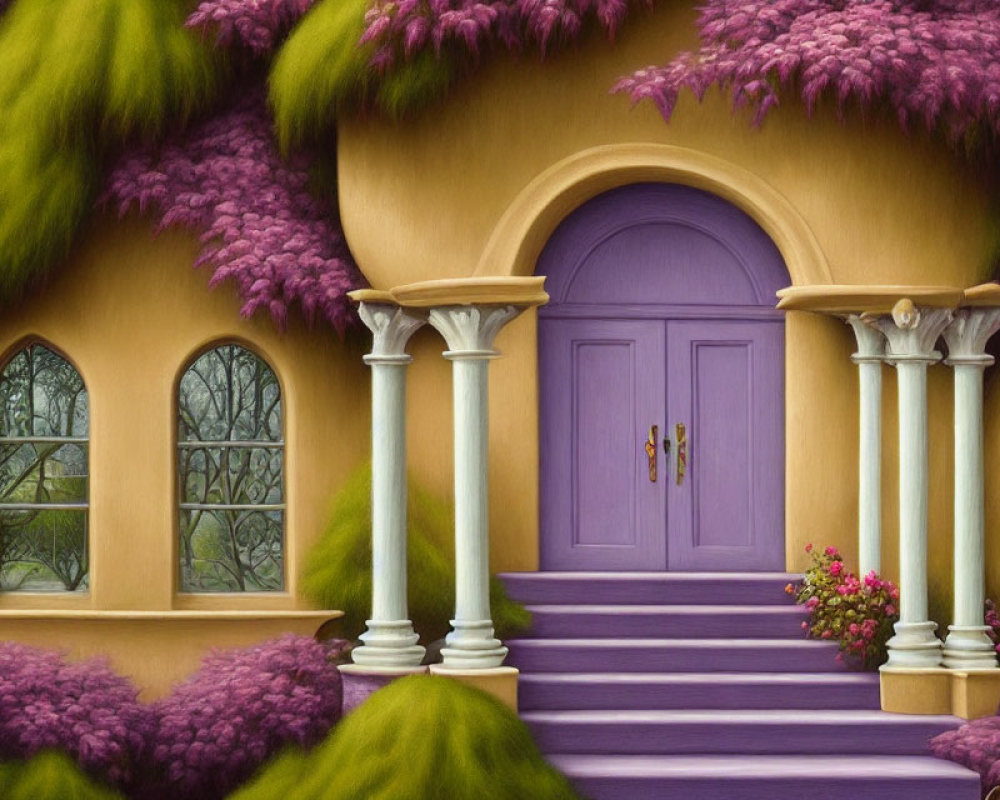 Whimsical house with purple door, white columns, and lush greenery