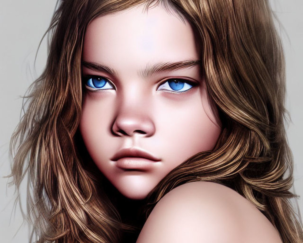 Detailed digital portrait of a girl with blue eyes and brown hair