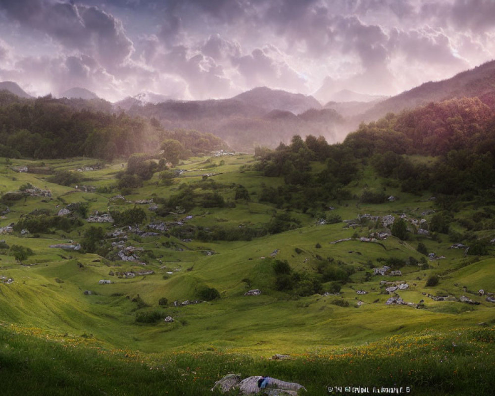 Lush Green Rolling Hills Under Dramatic Sky