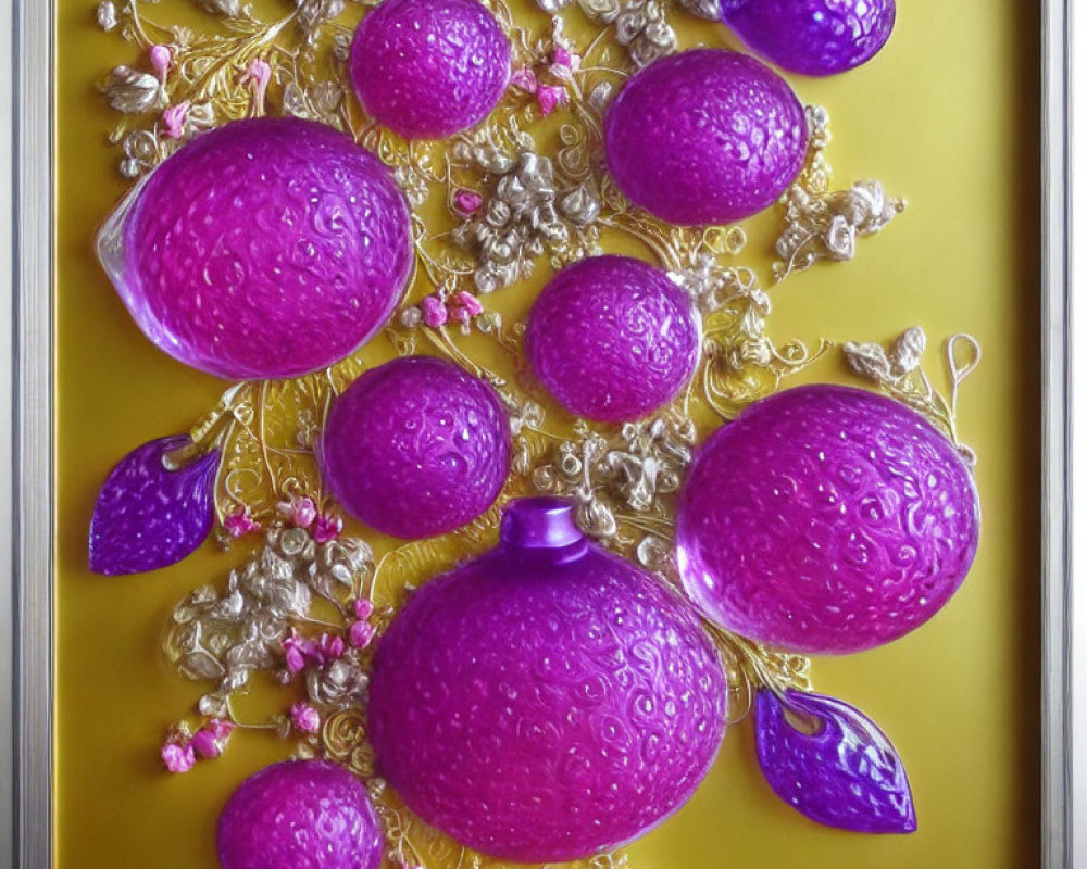 Vibrant purple embossed Christmas ornaments with golden and white twigs on yellow background