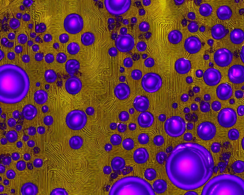 Purple Spheres on Textured Golden Circuit Board Background