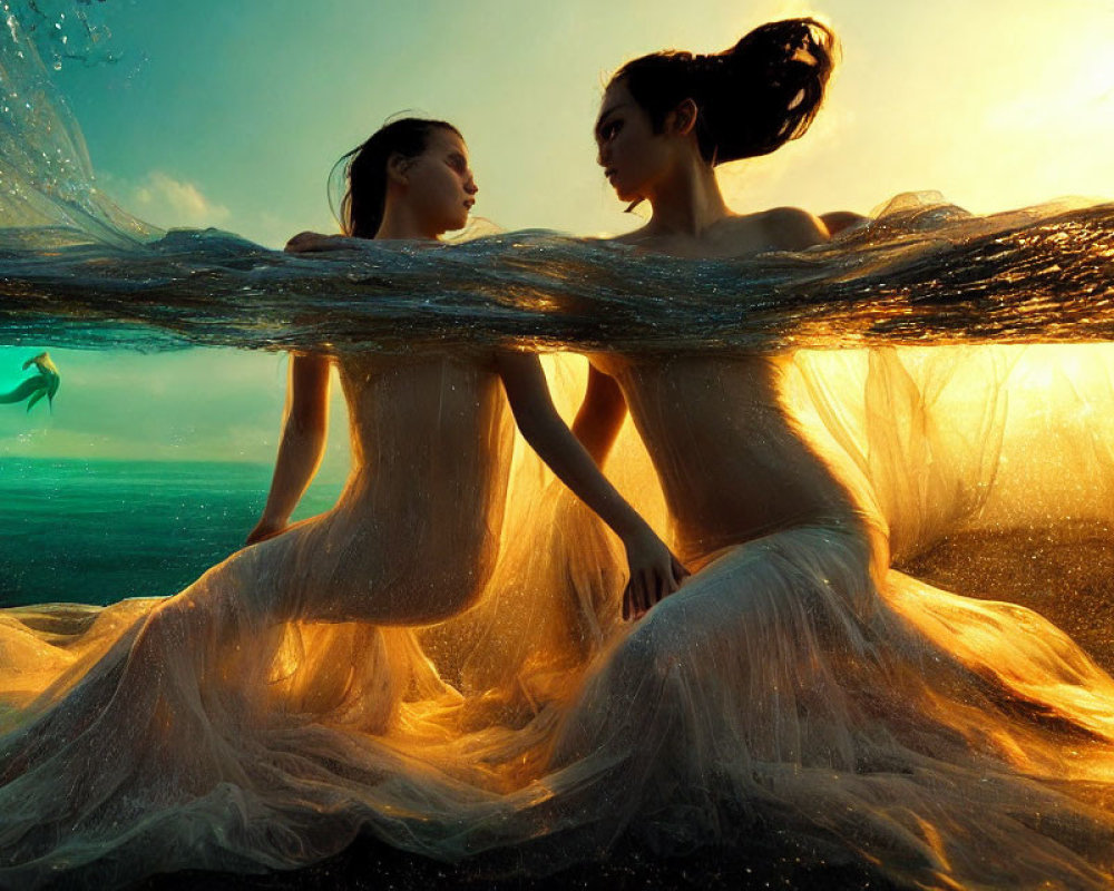 Women in flowing dresses pose in water with dolphin jumping at sunset