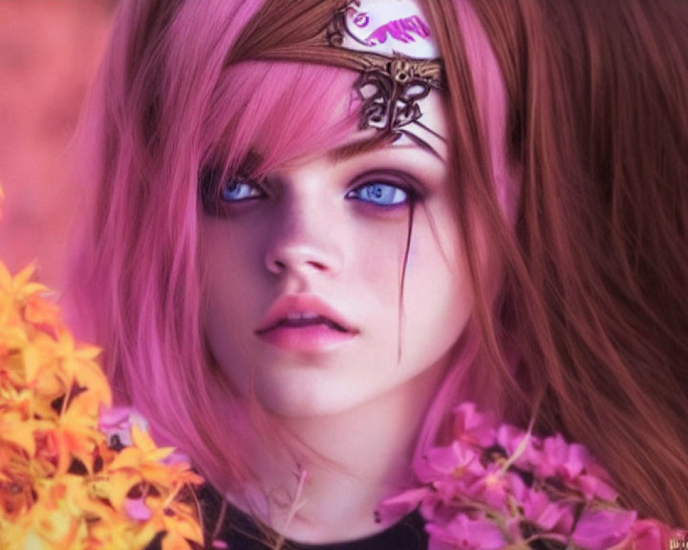 Digital artwork of woman with pink hair and blue eyes in ornate headpiece, set against floral background