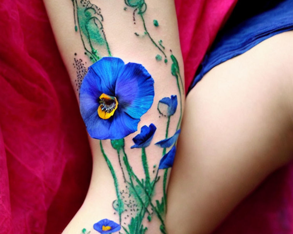 Colorful Blue and Purple Flower Tattoo on Arm with Green Stems