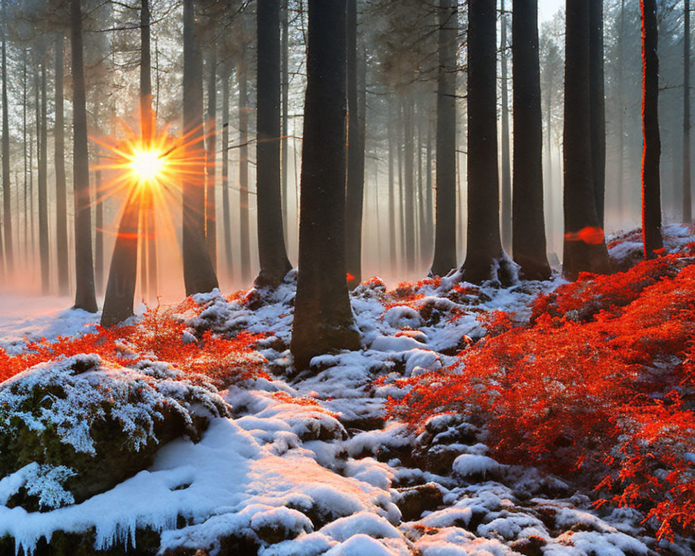 Misty forest sunrise over snow-dusted ground and red foliage