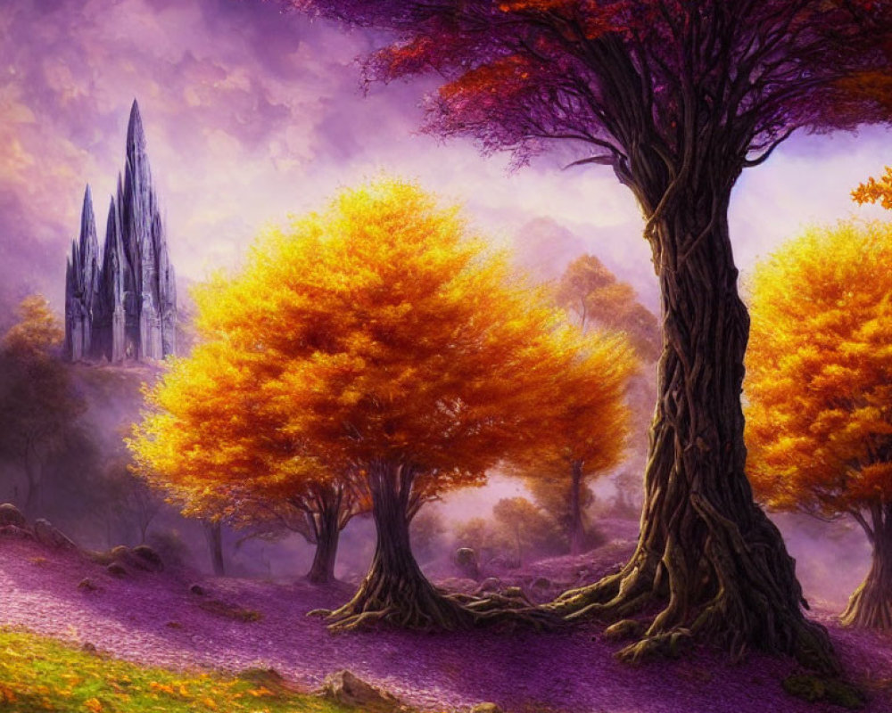 Colorful fantasy landscape with golden trees, purple ground, and misty castle