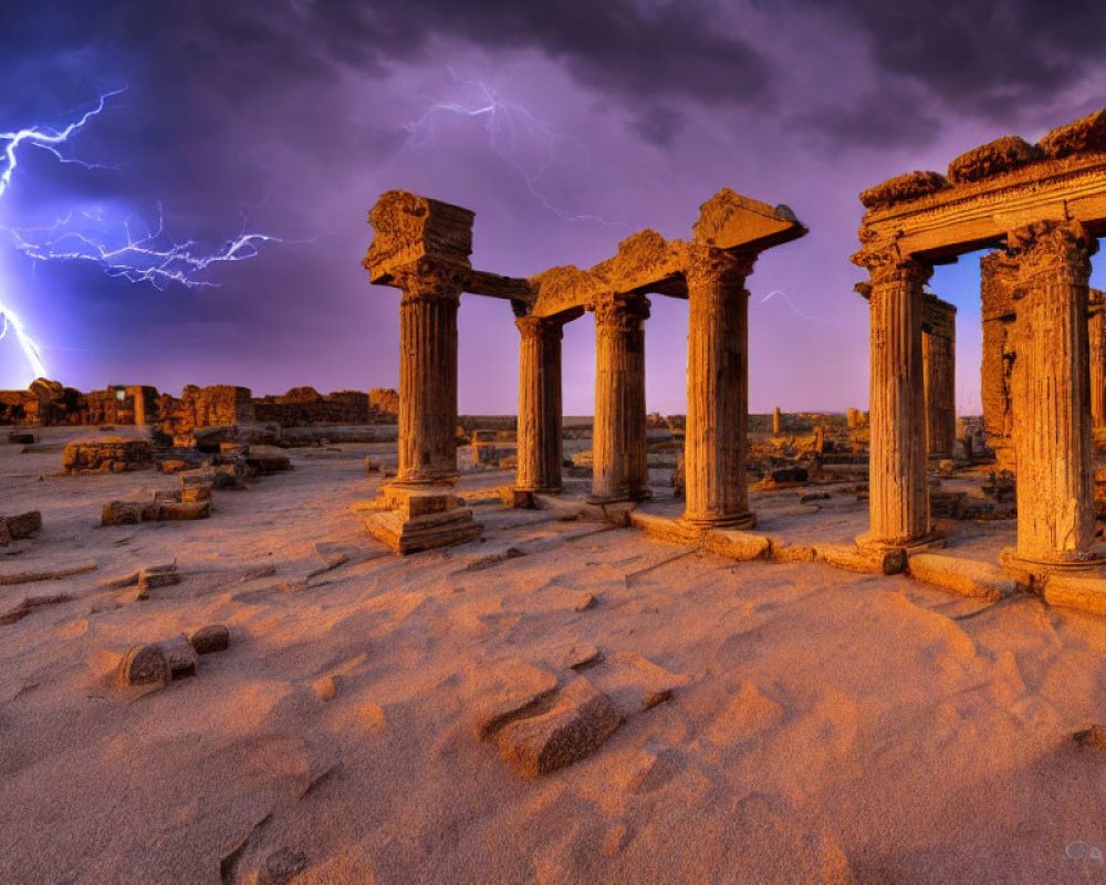 Ancient stone ruins under dramatic sky with lightning amidst sand at dusk or dawn