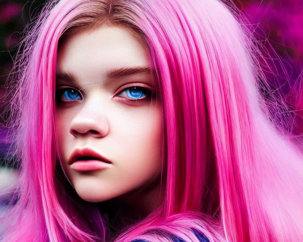 Portrait of young person with blue eyes and pink hair against nature backdrop