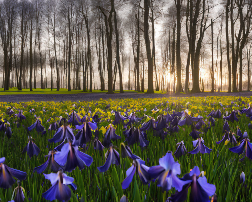 Vibrant purple irises in serene field with sunset backdrop