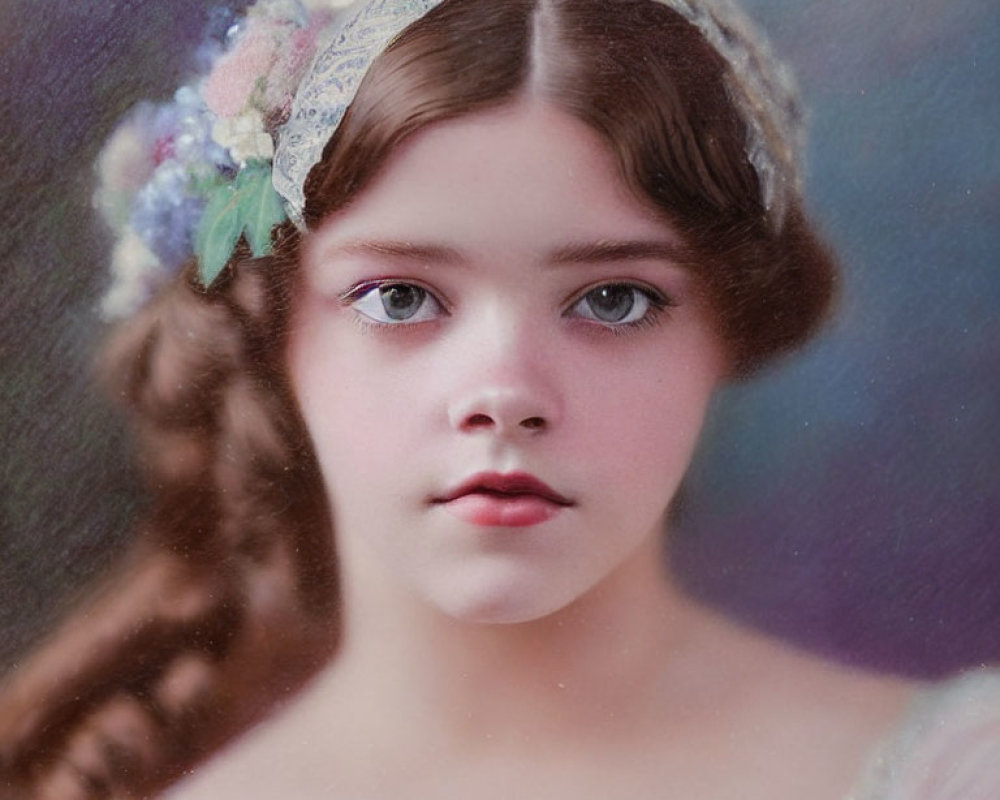 Vintage portrait of young girl with floral headband and lace adornment