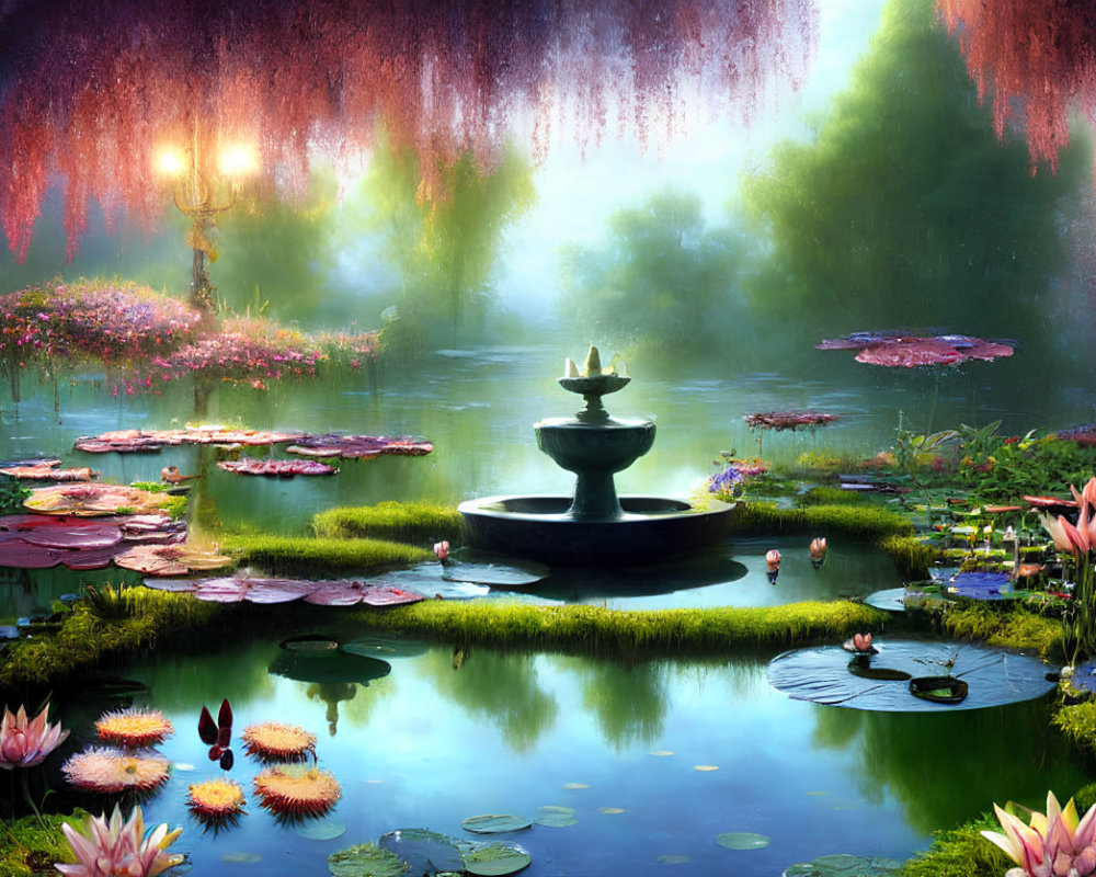 Tranquil pond with lily pads, fountain, lush greenery, and colorful flowers